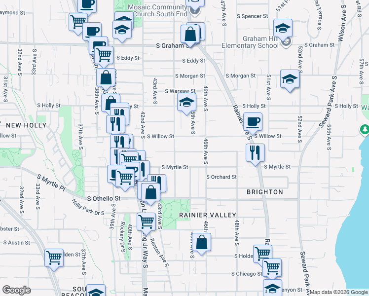 map of restaurants, bars, coffee shops, grocery stores, and more near 4416 South Frontenac Street in Seattle