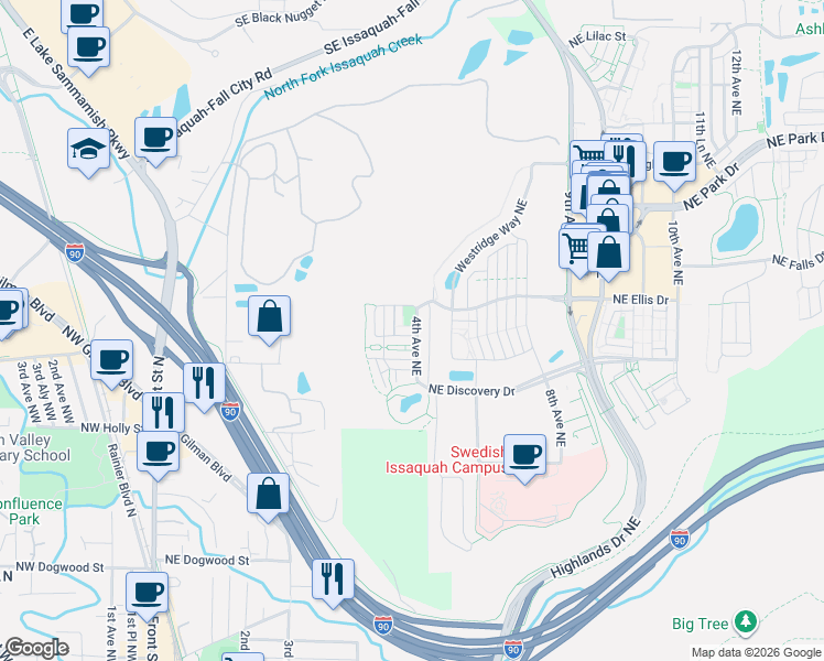 map of restaurants, bars, coffee shops, grocery stores, and more near 857 4th Avenue Northeast in Issaquah