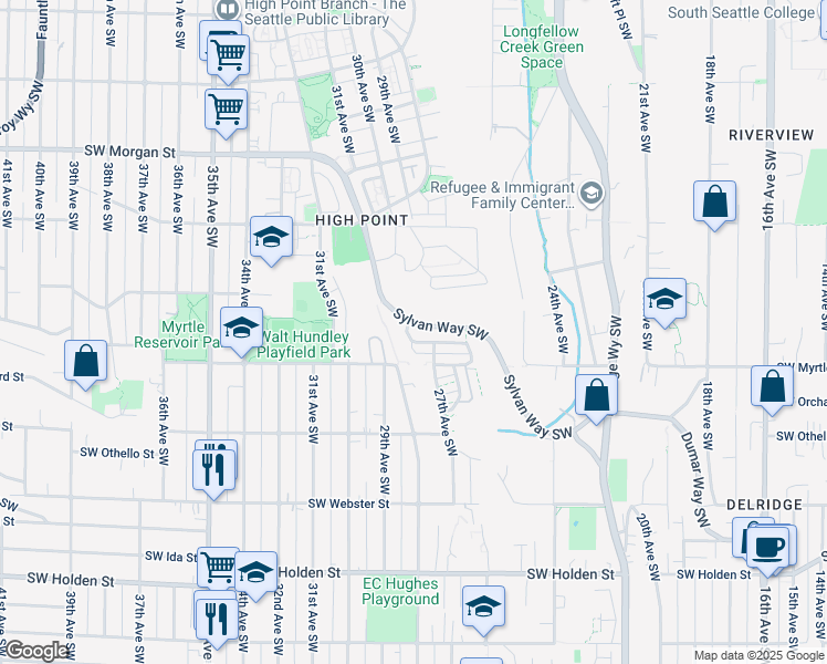 map of restaurants, bars, coffee shops, grocery stores, and more near 2718 Southwest Sylvan Heights Drive in Seattle