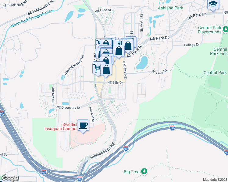 map of restaurants, bars, coffee shops, grocery stores, and more near 1332 Brooklyn Walk Northeast in Issaquah