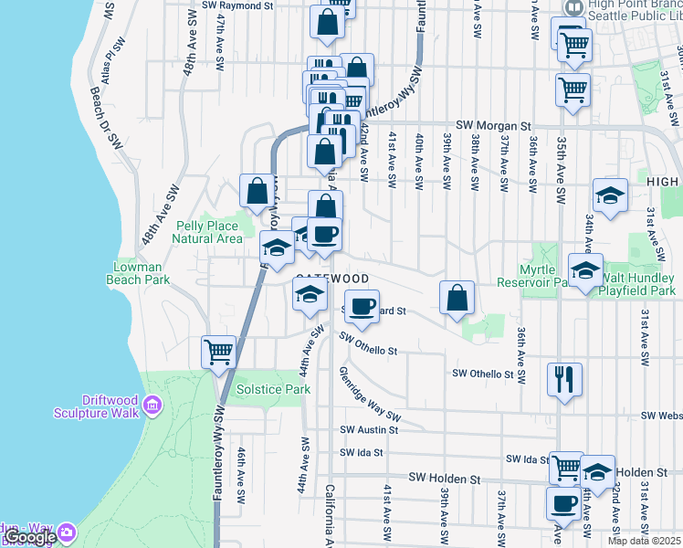 map of restaurants, bars, coffee shops, grocery stores, and more near 4252 Southwest Myrtle Street in Seattle