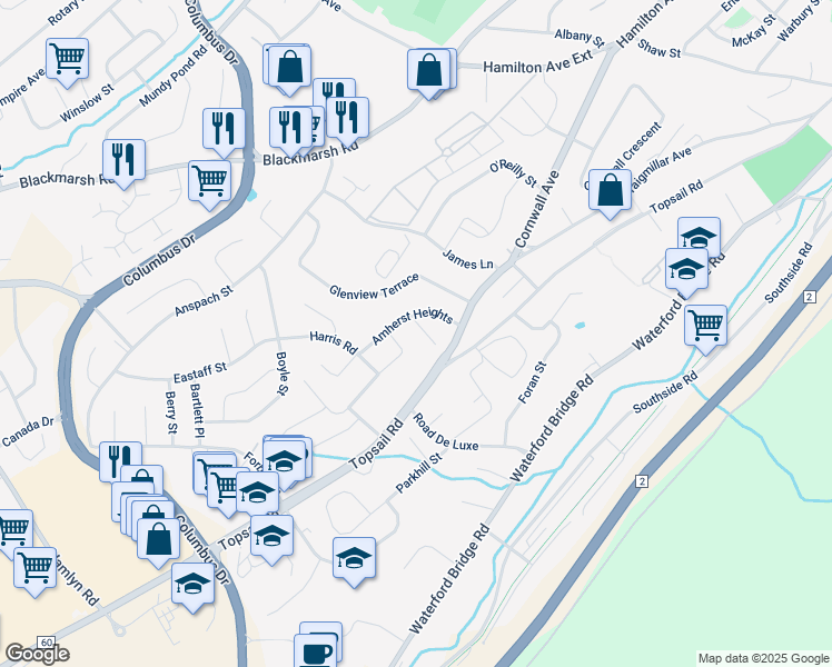 map of restaurants, bars, coffee shops, grocery stores, and more near 6 Amherst Place in St. John's