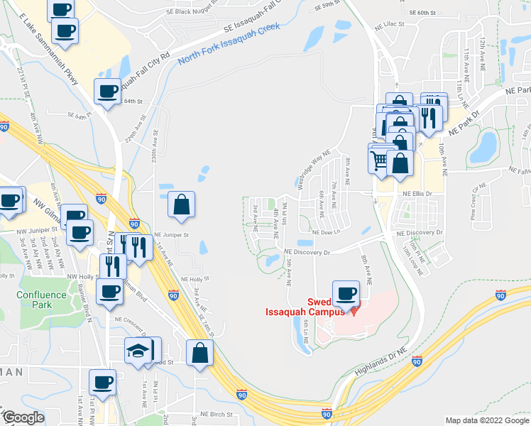 map of restaurants, bars, coffee shops, grocery stores, and more near 857 4th Avenue Northeast in Issaquah