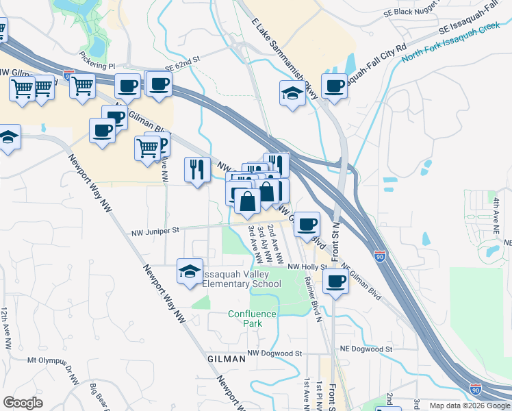 map of restaurants, bars, coffee shops, grocery stores, and more near 245 Northwest Juniper Street in Issaquah