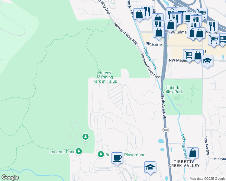 map of restaurants, bars, coffee shops, grocery stores, and more near 2163 Northwest Spring Fork Lane in Issaquah