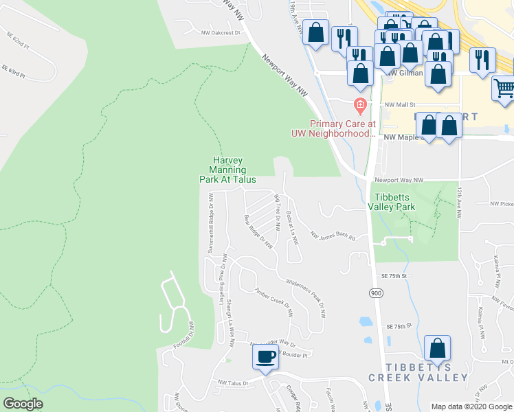 map of restaurants, bars, coffee shops, grocery stores, and more near 2163 Northwest Spring Fork Lane in Issaquah