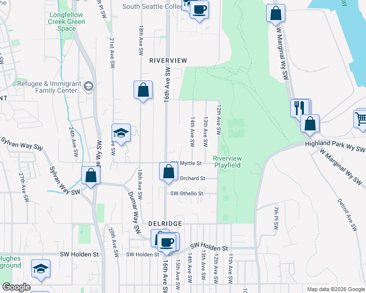 map of restaurants, bars, coffee shops, grocery stores, and more near 1412 Southwest Myrtle Street in Seattle