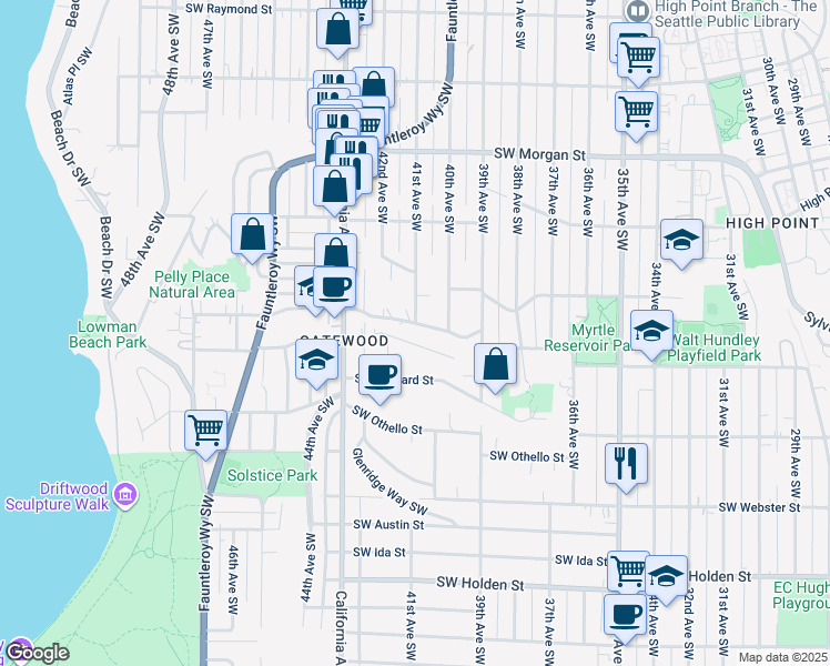 map of restaurants, bars, coffee shops, grocery stores, and more near 7116 42nd Avenue Southwest in Seattle