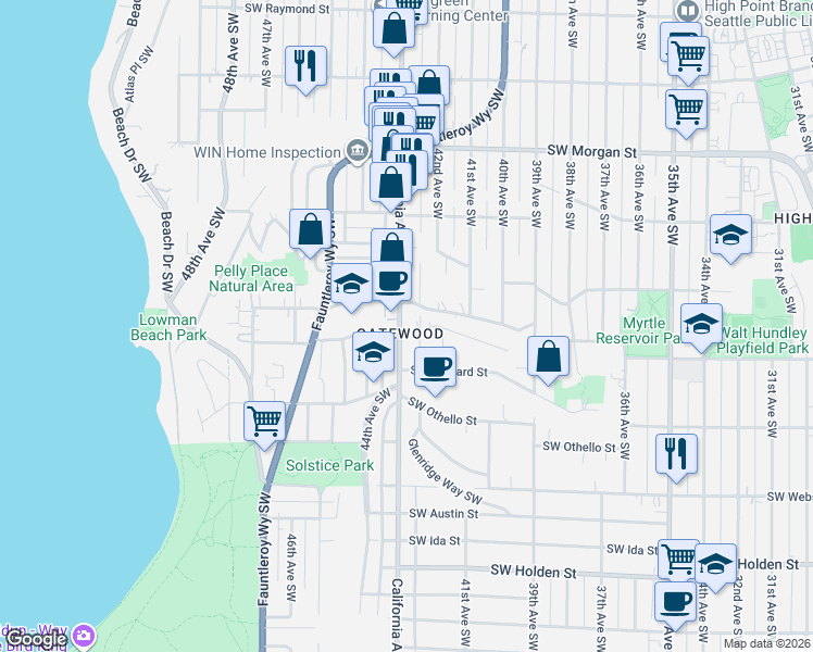 map of restaurants, bars, coffee shops, grocery stores, and more near 7114 California Avenue Southwest in Seattle