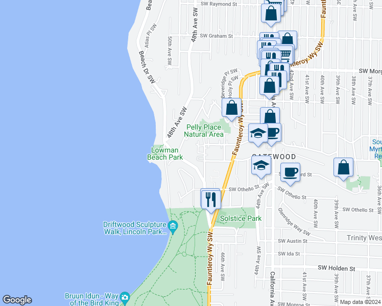 map of restaurants, bars, coffee shops, grocery stores, and more near 7080 Lincoln Park Way Southwest in Seattle
