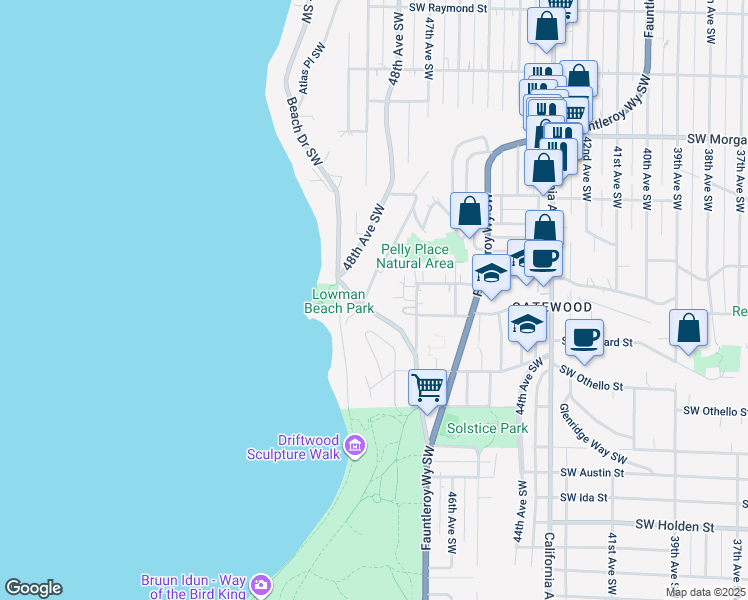 map of restaurants, bars, coffee shops, grocery stores, and more near 4838 Southwest Ledroit Place in Seattle