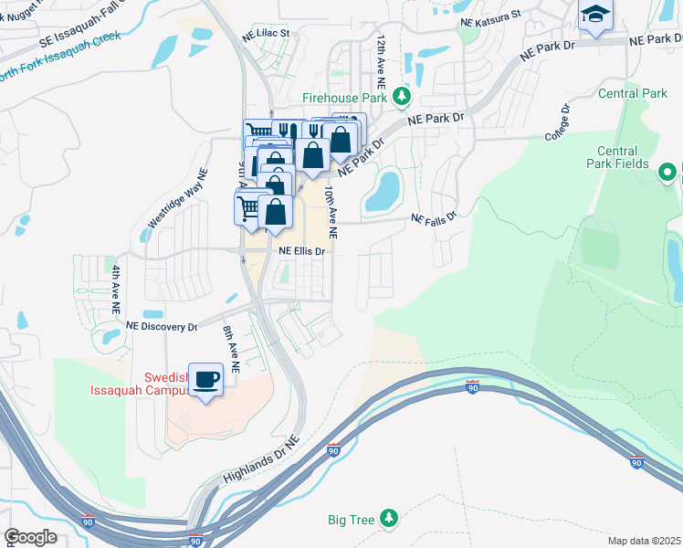 map of restaurants, bars, coffee shops, grocery stores, and more near 1000 10th Avenue Northeast in Issaquah