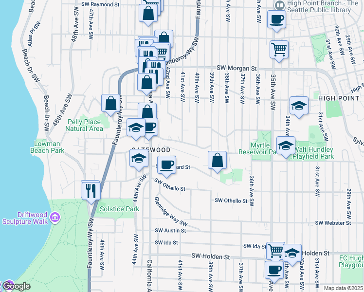 map of restaurants, bars, coffee shops, grocery stores, and more near 7116 42nd Avenue Southwest in Seattle