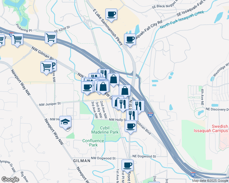 map of restaurants, bars, coffee shops, grocery stores, and more near 120 Northwest Gilman Boulevard in Issaquah
