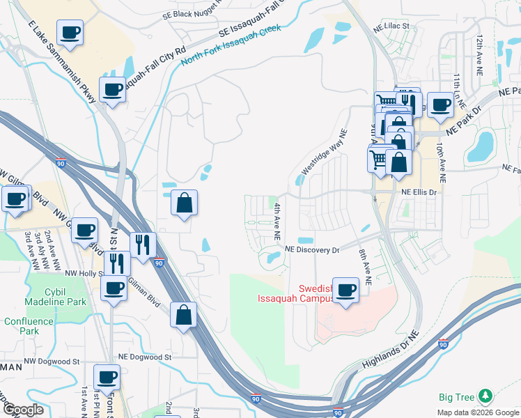 map of restaurants, bars, coffee shops, grocery stores, and more near 857 4th Avenue Northeast in Issaquah