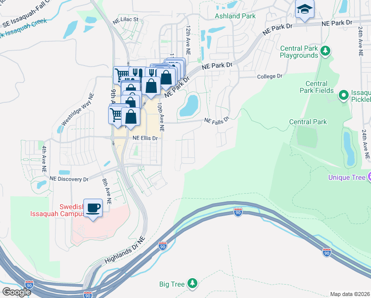map of restaurants, bars, coffee shops, grocery stores, and more near 1187 Pine Crest Circle Northeast in Issaquah