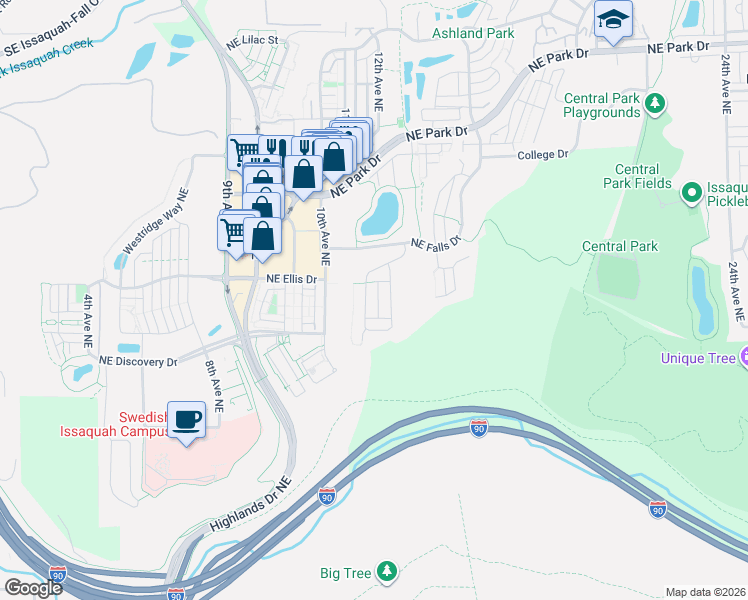 map of restaurants, bars, coffee shops, grocery stores, and more near 1270 Pine Crest Circle Northeast in Issaquah
