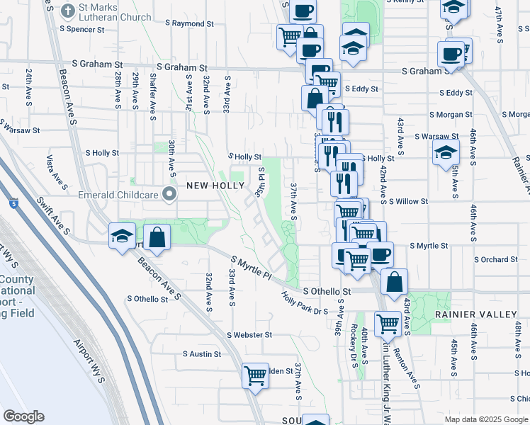 map of restaurants, bars, coffee shops, grocery stores, and more near 6868 Holly Park Drive South in Seattle