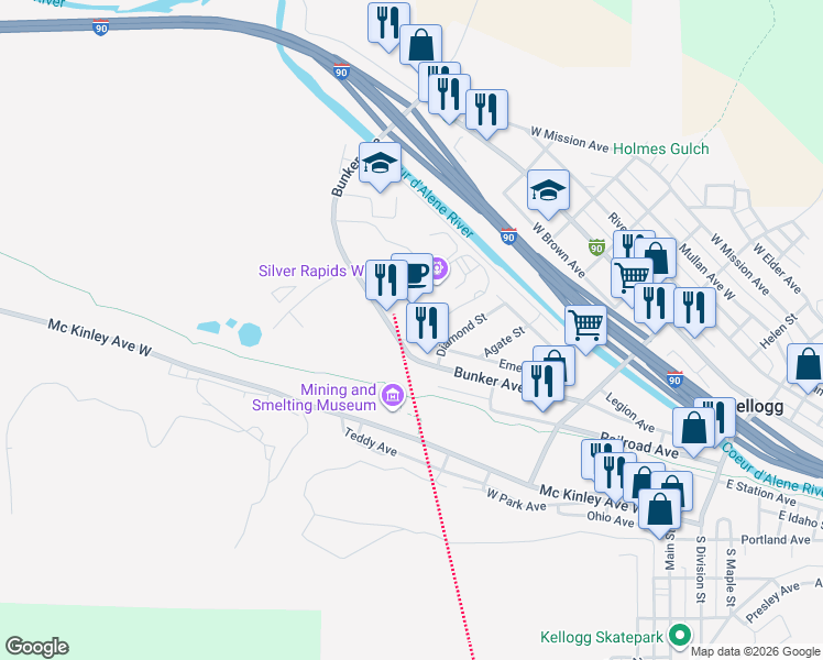 map of restaurants, bars, coffee shops, grocery stores, and more near 610 Bunker Avenue in Kellogg