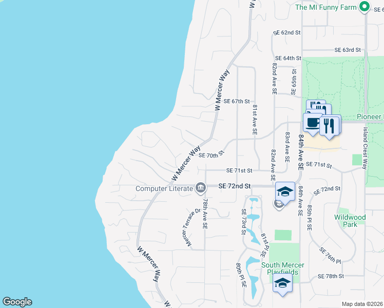 map of restaurants, bars, coffee shops, grocery stores, and more near 6849 West Mercer Way in Mercer Island