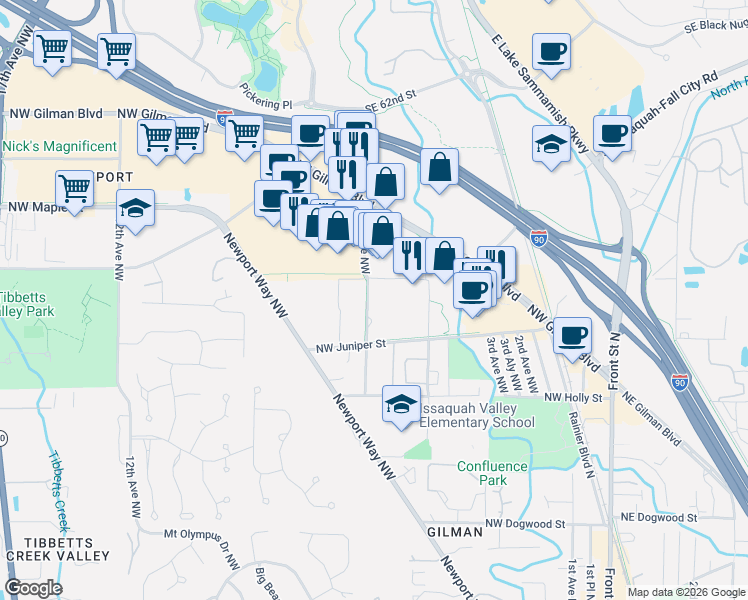 map of restaurants, bars, coffee shops, grocery stores, and more near 600 Northwest Locust Street in Issaquah