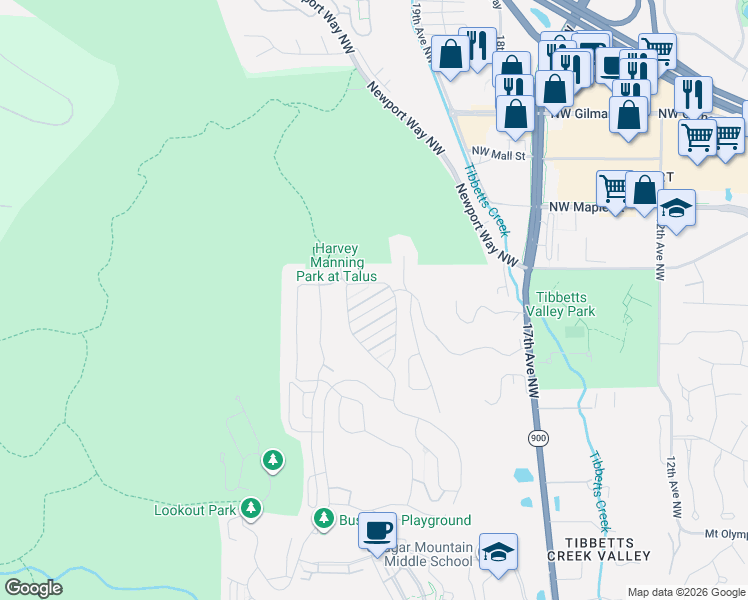 map of restaurants, bars, coffee shops, grocery stores, and more near 990 Big Tree Drive Northwest in Issaquah