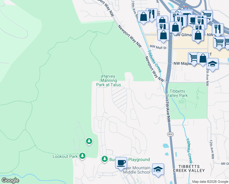 map of restaurants, bars, coffee shops, grocery stores, and more near 990 Big Tree Drive Northwest in Issaquah