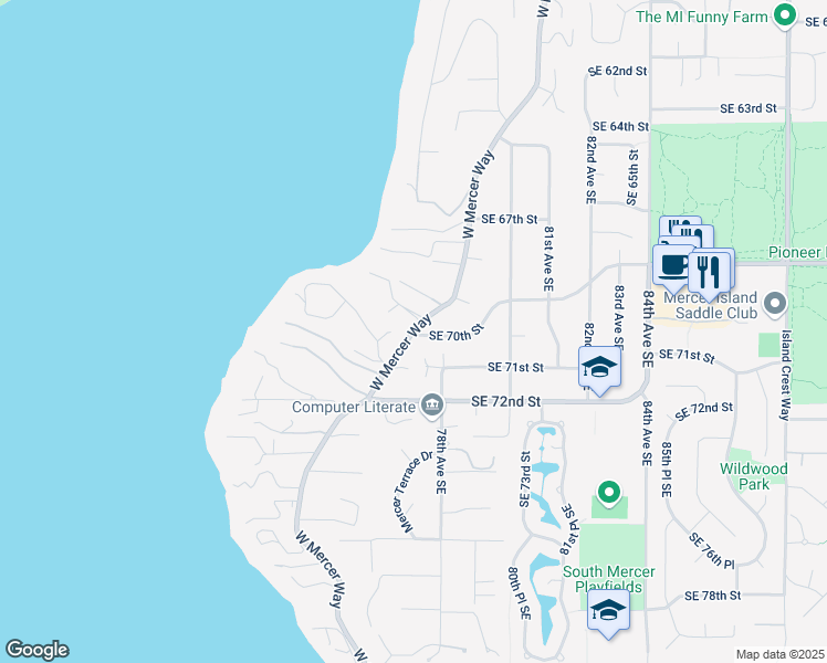 map of restaurants, bars, coffee shops, grocery stores, and more near 6849 West Mercer Way in Mercer Island