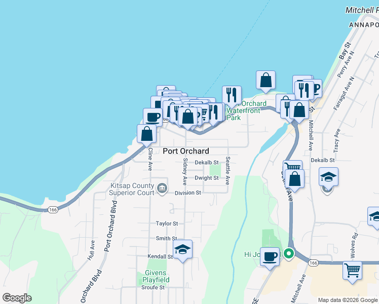 map of restaurants, bars, coffee shops, grocery stores, and more near 307 Sidney Avenue in Port Orchard