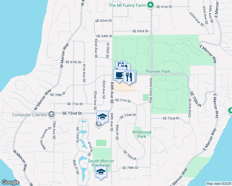 map of restaurants, bars, coffee shops, grocery stores, and more near 8407 Southeast 69th Place in Mercer Island