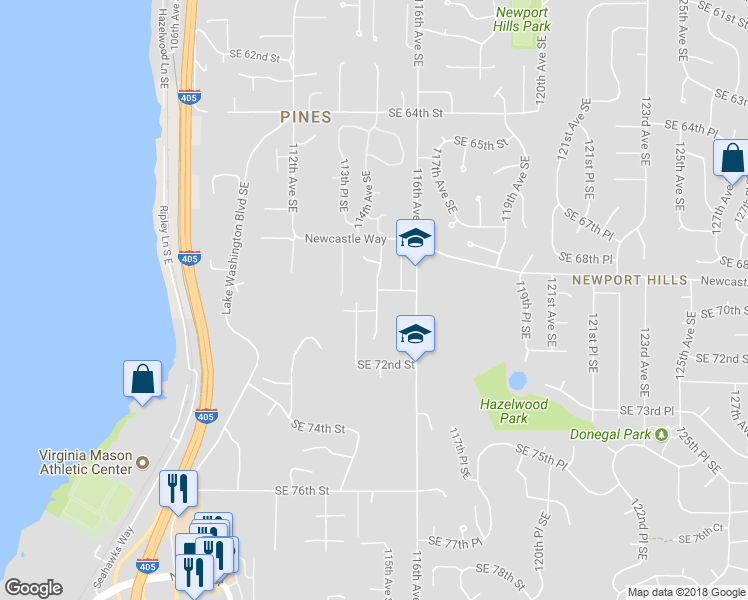 map of restaurants, bars, coffee shops, grocery stores, and more near 7013 115th Court Southeast in Newcastle