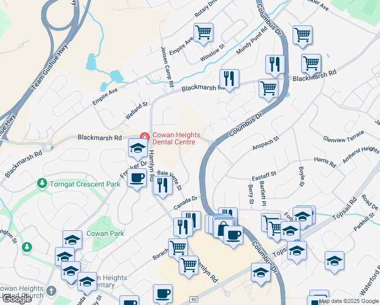 map of restaurants, bars, coffee shops, grocery stores, and more near 500 Columbus Drive in Saint John's