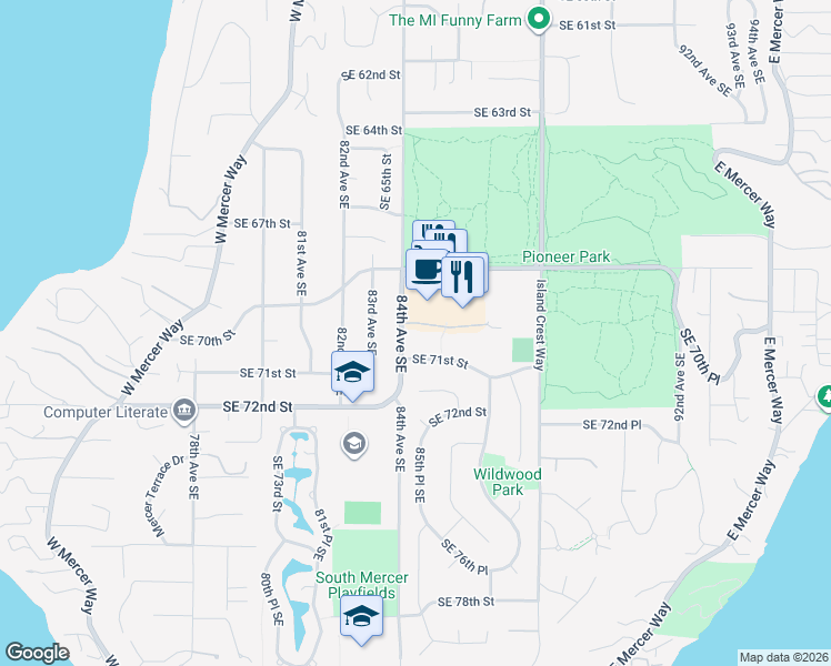 map of restaurants, bars, coffee shops, grocery stores, and more near 8407 Southeast 69th Place in Mercer Island
