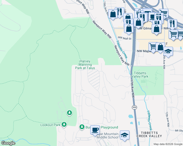 map of restaurants, bars, coffee shops, grocery stores, and more near 990 Big Tree Drive Northwest in Issaquah