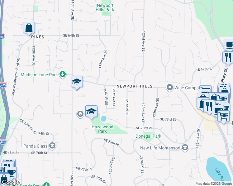 map of restaurants, bars, coffee shops, grocery stores, and more near 12102 Southeast 70th Street in Newcastle