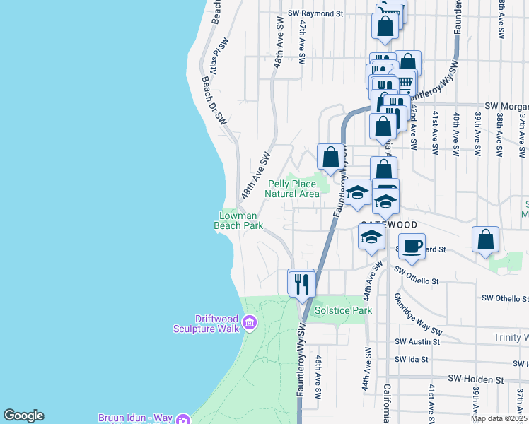 map of restaurants, bars, coffee shops, grocery stores, and more near 6780 48th Avenue Southwest in Seattle