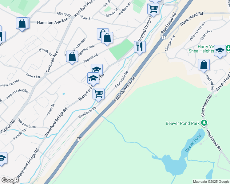map of restaurants, bars, coffee shops, grocery stores, and more near 591 Southside Road in St. John's