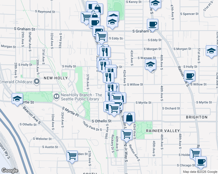 map of restaurants, bars, coffee shops, grocery stores, and more near 6901 Martin Luther King Junior Way South in Seattle
