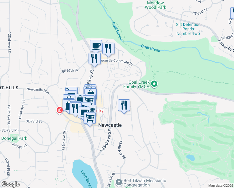 map of restaurants, bars, coffee shops, grocery stores, and more near 6949 134th Court Southeast in Newcastle