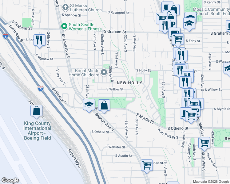 map of restaurants, bars, coffee shops, grocery stores, and more near 6904 30th Avenue South in Seattle