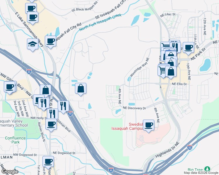 map of restaurants, bars, coffee shops, grocery stores, and more near 989 3rd Court Northeast in Issaquah
