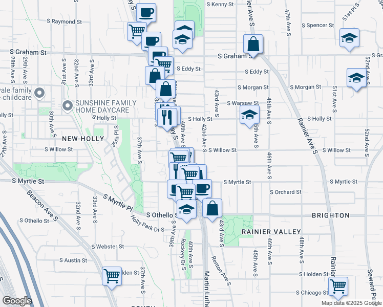 map of restaurants, bars, coffee shops, grocery stores, and more near 6809 42nd Avenue South in Seattle