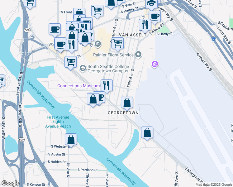 map of restaurants, bars, coffee shops, grocery stores, and more near 6906 Carleton Avenue South in Seattle