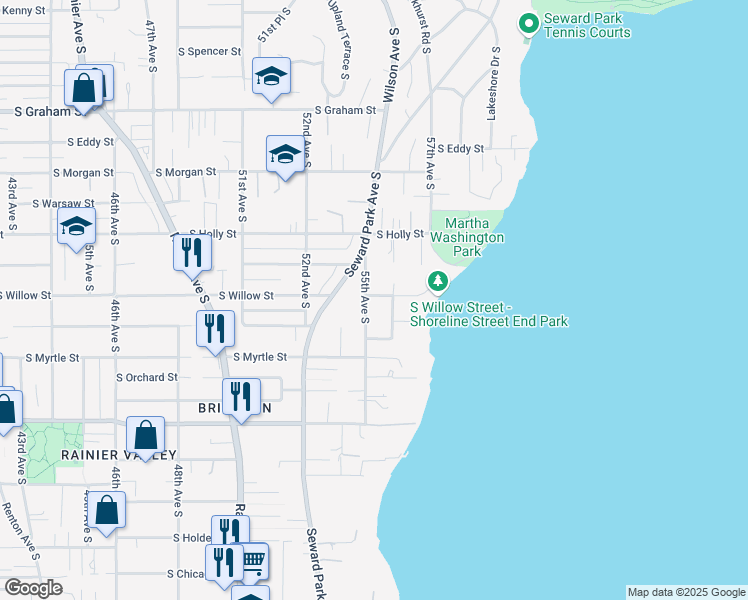 map of restaurants, bars, coffee shops, grocery stores, and more near 5505 South Willow Street in Seattle
