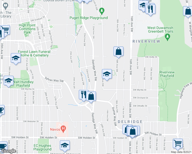 map of restaurants, bars, coffee shops, grocery stores, and more near Delridge Way SW & Croft Pl SW in Seattle