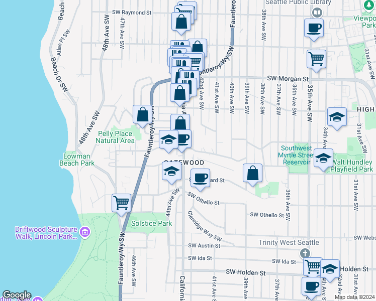 map of restaurants, bars, coffee shops, grocery stores, and more near 7002 California Avenue Southwest in Seattle