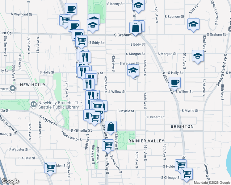 map of restaurants, bars, coffee shops, grocery stores, and more near 4216 South Willow Street in Seattle