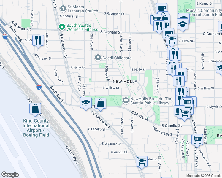 map of restaurants, bars, coffee shops, grocery stores, and more near 6811 30th Avenue South in Seattle