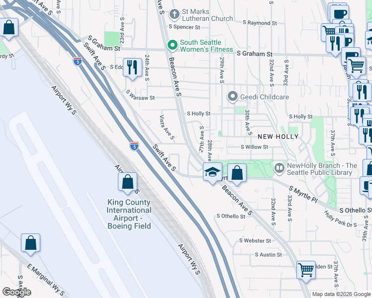 map of restaurants, bars, coffee shops, grocery stores, and more near 2532 South Willow Street in Seattle
