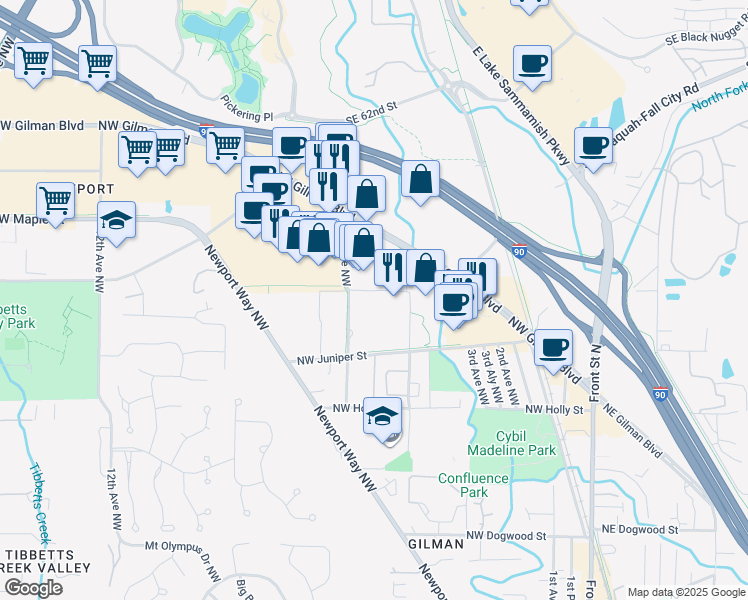 map of restaurants, bars, coffee shops, grocery stores, and more near 600 Northwest Locust Street in Issaquah